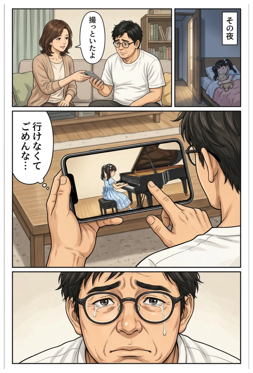 漫画 その夜 発表会の動画で客席を探す娘