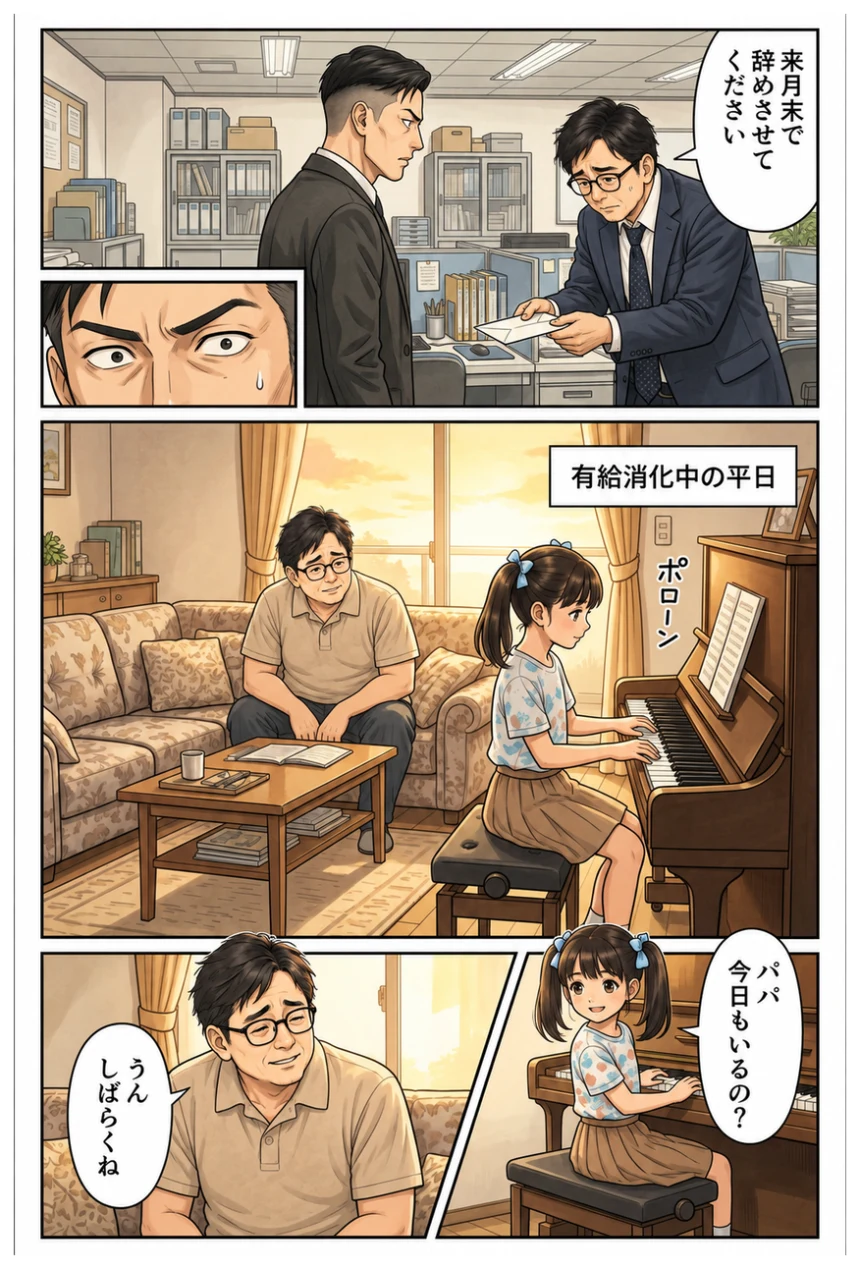 漫画 退職届を出し 有給消化中に娘のピアノを聴く